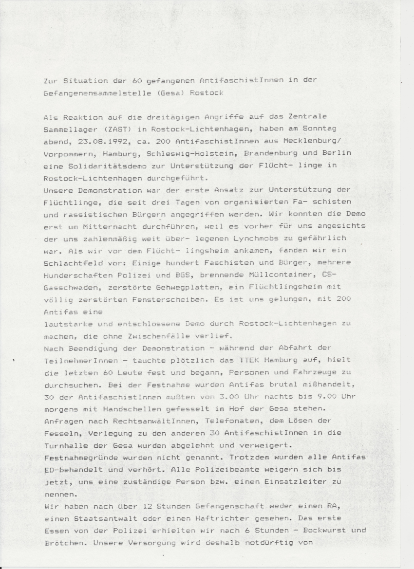 Presseerklärung der 60 antifaschistischen Gefangenen in der Gefangenensammelstelle zu ihrer Situation am 23./24. August 1992