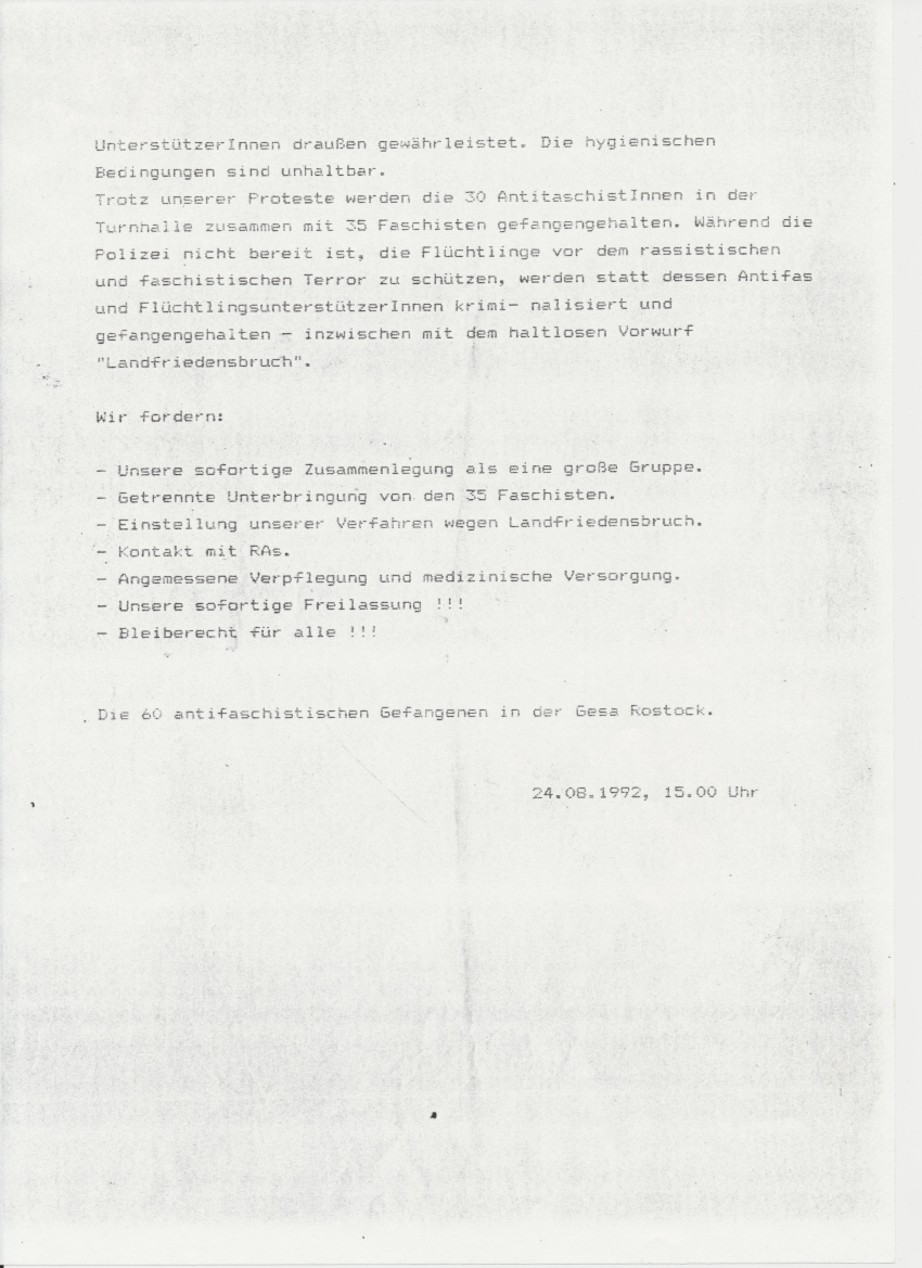 Presseerklärung der 60 antifaschistischen Gefangenen in der Gefangenensammelstelle zu ihrer Situation am 23./24. August 1992
