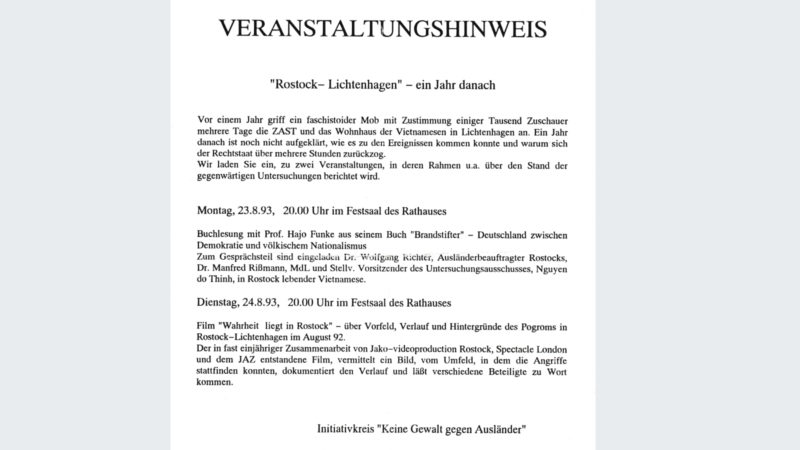 Veranstaltungsreihe Rostock-Lichtenhagen - ein Jahr danach (1993)